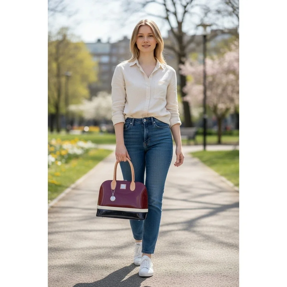 Polo Red Navy Blue Colorblock Patent Dome Satchel Bag Silver‎ Hardware Charm